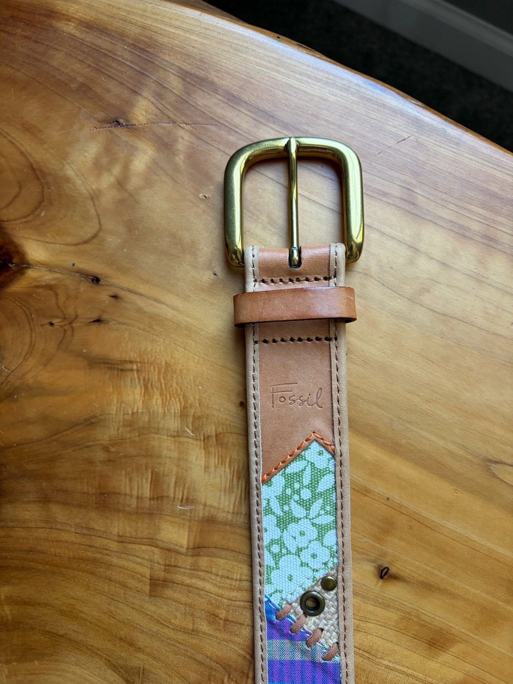Fossil Leather Belt with Green Floral Inlay and Gold Buckle